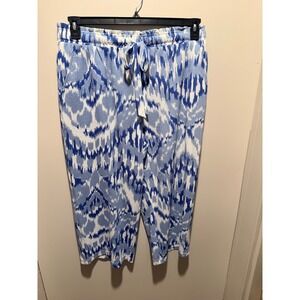 JM Sportswear Women's XL Blue White Ikat Print Cropped Pants‎ Drawstring Waist